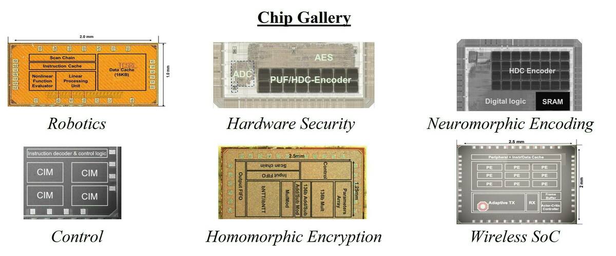 Chip Gallery - with chips for robotics, hardware security, neurotrophic encoding, control, homomorphic encryption, and wireless SoC